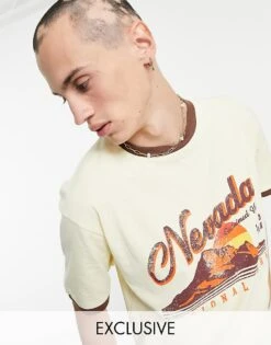 Reclaimed Vintage Inspired Cotton Ringer T-shirt With 70s Mountain Print - CREAM For Men -Fit Outfits Store 200448591 1 cream 1