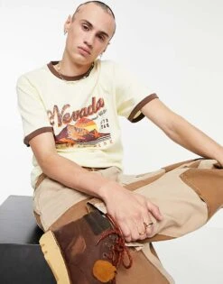 Reclaimed Vintage Inspired Cotton Ringer T-shirt With 70s Mountain Print - CREAM For Men -Fit Outfits Store 200448591 3