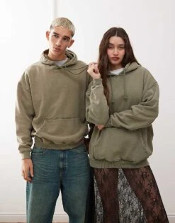 Reclaimed Vintage Unisex Oversized Hoodie In Green Overdye For Men Khaki