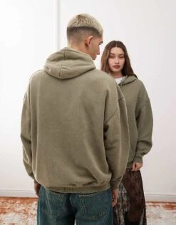 Reclaimed Vintage Unisex Oversized Hoodie In Green Overdye For Men Khaki -Fit Outfits Store 201192103 4