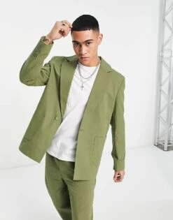 Reclaimed Vintage Slim Fit Relaxed Summer Blazer In Khaki Co-ord For Men