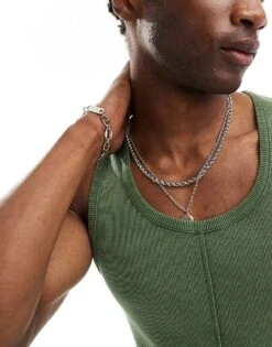 Reclaimed Vintage Ribbed Vest With Seaming Detail In Washed Khaki For Men -Fit Outfits Store 205547587 3