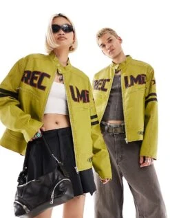 Reclaimed Vintage Unisex Leather Look Motor Jacket In Washed Green For Unisex -Fit Outfits Store 205600792 1 green 1