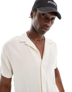 Reclaimed Vintage Viscose Revere Shirt In Ecru For Men -Fit Outfits Store 205622821 3