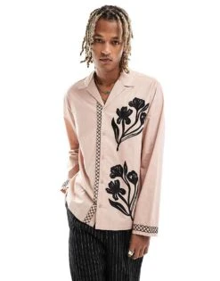 Reclaimed Vintage Long Sleeve Revere Shirt With Embroidery For Men Neutral -Fit Outfits Store 205771867 1 neutral 1