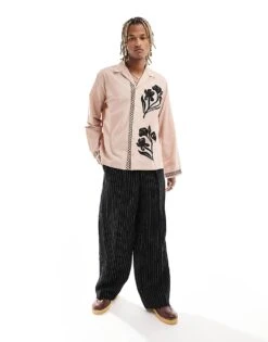 Reclaimed Vintage Long Sleeve Revere Shirt With Embroidery For Men Neutral -Fit Outfits Store 205771867 3