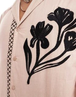 Reclaimed Vintage Long Sleeve Revere Shirt With Embroidery For Men Neutral -Fit Outfits Store 205771867 4