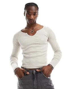 Reclaimed Vintage Long Sleeve Acid Wash Muscle Fit T-shirt In Stone For Men -Fit Outfits Store 205967020 1 stone 1