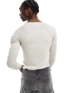 Reclaimed Vintage Long Sleeve Acid Wash Muscle Fit T-shirt In Stone For Men -Fit Outfits Store 205967020 4