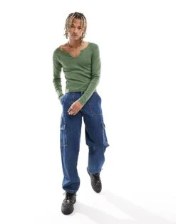 Reclaimed Vintage Long Sleeve Acid Wash Muscle Fit T-shirt In Khaki For Men -Fit Outfits Store 205967056 4