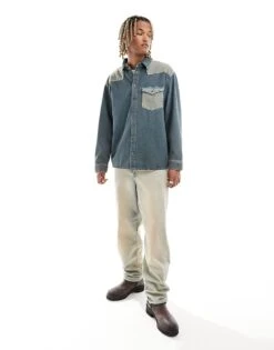 Reclaimed Vintage Two Tone Western Denim Shirt For Men Blue -Fit Outfits Store 205979433 3
