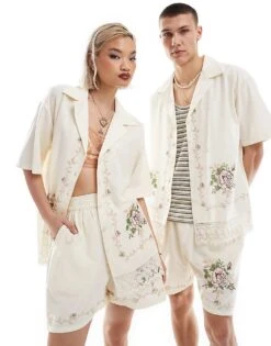 Reclaimed Vintage Unisex Limited Edition Embroidered Shirt With Lace Detail For Unisex Cream -Fit Outfits Store 205990755 1 cream 1