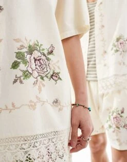 Reclaimed Vintage Unisex Limited Edition Embroidered Shirt With Lace Detail For Unisex Cream -Fit Outfits Store 205990755 2