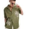 Reclaimed Vintage Limited Edition Embroidered Revere Relaxed Shirt In Khaki For Men Green