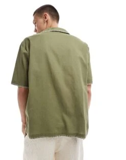 Reclaimed Vintage Limited Edition Embroidered Revere Relaxed Shirt In Khaki For Men Green -Fit Outfits Store 205990819 4