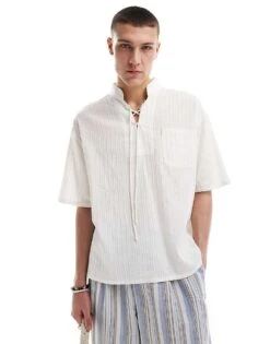 Reclaimed Vintage Short Sleeve Resort Shirt With Ties For Men White -Fit Outfits Store 205994845 1 white 1