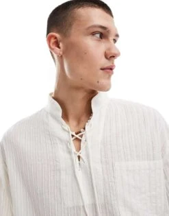 Reclaimed Vintage Short Sleeve Resort Shirt With Ties For Men White -Fit Outfits Store 205994845 2