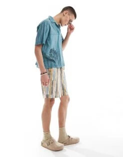 Reclaimed Vintage Cropped Boxy Polo Shirt In Patchwork Blue Texture With Floral Print For Men -Fit Outfits Store 205994863 3