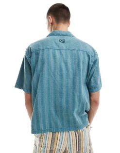 Reclaimed Vintage Cropped Boxy Polo Shirt In Patchwork Blue Texture With Floral Print For Men -Fit Outfits Store 205994863 4