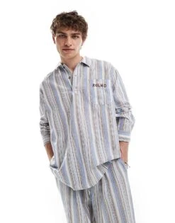 Reclaimed Vintage Long Sleeve Stripe Shirt And Short Co-ord In Blue -Fit Outfits Store 206049629 1 blue 1