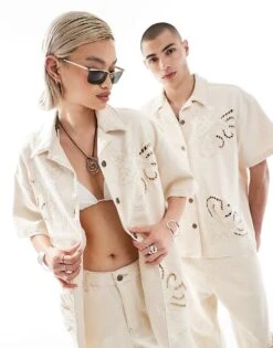 Reclaimed Vintage Unisex Cropped Boxy Denim Shirt With Embroidery Cutwork In Cream For Unisex Ivory -Fit Outfits Store 206122925 1 ivory 1
