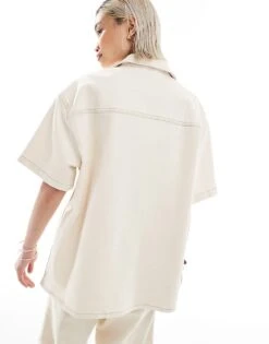 Reclaimed Vintage Unisex Cropped Boxy Denim Shirt With Embroidery Cutwork In Cream For Unisex Ivory -Fit Outfits Store 206122925 3