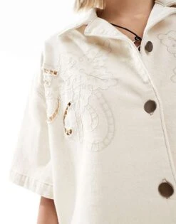 Reclaimed Vintage Unisex Cropped Boxy Denim Shirt With Embroidery Cutwork In Cream For Unisex Ivory -Fit Outfits Store 206122925 4