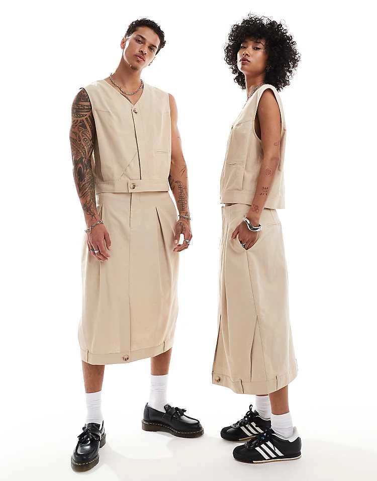 Reclaimed Vintage Unisex Linen Look Midi Skirt In Stone For Unisex Brown
