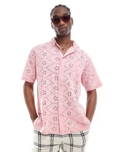 Reclaimed Vintage Short Sleeve Broderie Shirt In Pink For Men