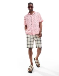 Reclaimed Vintage Short Sleeve Broderie Shirt In Pink For Men -Fit Outfits Store 206249057 3