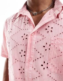 Reclaimed Vintage Short Sleeve Broderie Shirt In Pink For Men -Fit Outfits Store 206249057 4