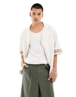 Reclaimed Vintage Oversized Revere Shirt With Embroidery In White For Men -Fit Outfits Store 206272777 1 white 1