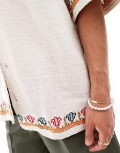 Reclaimed Vintage Oversized Revere Shirt With Embroidery In White For Men -Fit Outfits Store 206272777 4