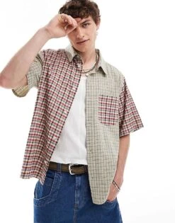 Reclaimed Vintage Oversized Boxy Shirt In Spliced Check For Men Brown Check