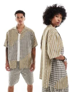 Reclaimed Vintage Unisex Boxy Co-ord In Splice Check And Stripe -Fit Outfits Store 206329661 1 khaki 1