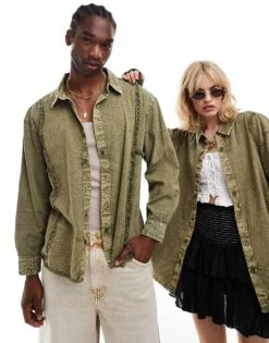 Reclaimed Vintage Unisex Denim Shirt With Fraying For Unisex Khaki -Fit Outfits Store 206335409 1 khaki 1