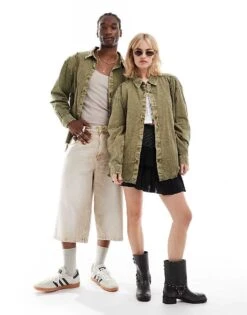 Reclaimed Vintage Unisex Denim Shirt With Fraying For Unisex Khaki -Fit Outfits Store 206335409 3