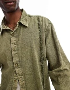 Reclaimed Vintage Unisex Denim Shirt With Fraying For Unisex Khaki -Fit Outfits Store 206335409 4