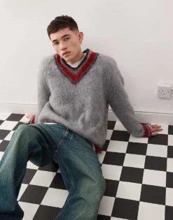 Reclaimed Vintage V-neck Varsity Jumper In Grey And Red For Men -Fit Outfits Store 206474673 1 grey 1