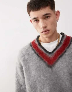 Reclaimed Vintage V-neck Varsity Jumper In Grey And Red For Men -Fit Outfits Store 206474673 3