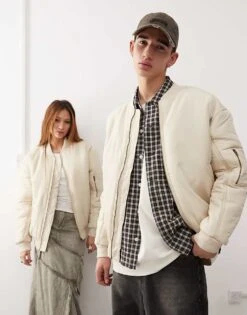Reclaimed Vintage Unisex Oversized Bomber Jacket In Stone For Unisex -Fit Outfits Store 206477210 1 stone 1