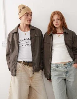 Reclaimed Vintage Unisex Leather Look Harrington Tucker In Washed Brown For Unisex -Fit Outfits Store 206496494 1 brown 1