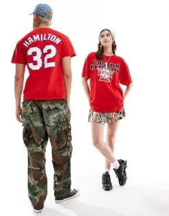 Reclaimed Vintage Revived X Glass Onion Unisex Varsity Printed T-shirt For Unisex Red -Fit Outfits Store 206508677 1 red 1