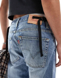 Reclaimed Vintage Revived X Glass Onion Adjustable Waist Straight Leg Jean For Men Mid Blue -Fit Outfits Store 206508678 4