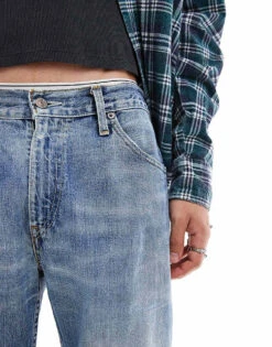 Reclaimed Vintage Revived X Glass Onion Adjustable Waist Straight Leg Jean For Men Mid Blue -Fit Outfits Store 206508678 6