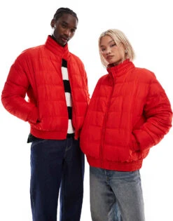 Reclaimed Vintage Unisex Zip Through Puffer Jacket In Red For Unisex -Fit Outfits Store 206553930 1 red 1