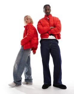 Reclaimed Vintage Unisex Zip Through Puffer Jacket In Red For Unisex -Fit Outfits Store 206553930 2