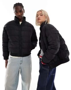 Reclaimed Vintage Unisex Zip Through Puffer Jacket In Black For Unisex
