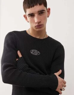 Reclaimed Vintage Ribbed Knit Top With Spray And Badge Logo In Black For Men -Fit Outfits Store 206630286 1 black 1
