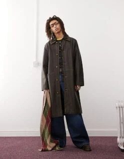 Reclaimed Vintage Leather Look Longerline Shacket In Dark Washed Brown For Unisex